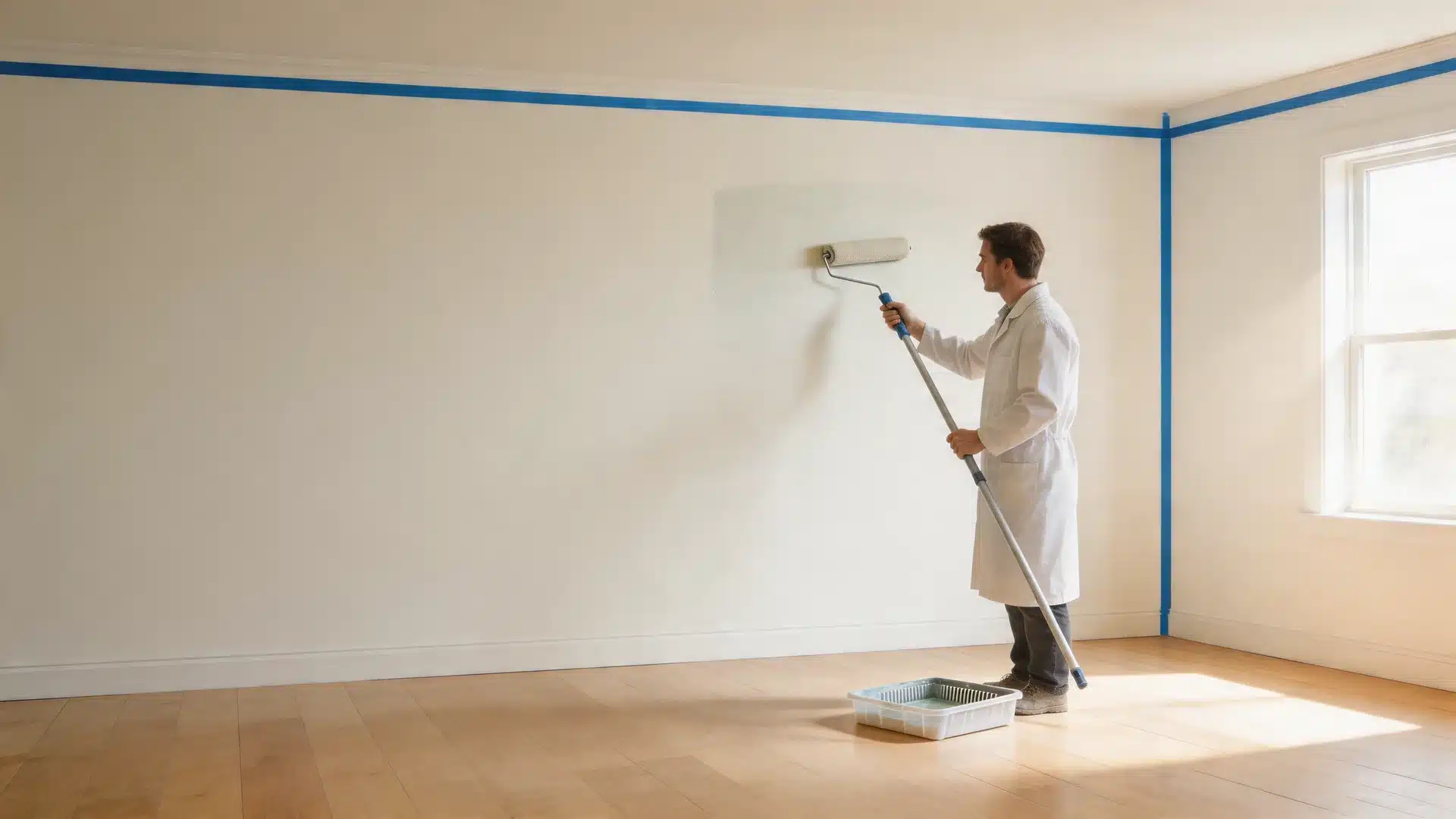 a painter in a white coat rolling primer onto a cream wall in an empty sunlit room with blue tape along the ceiling edge