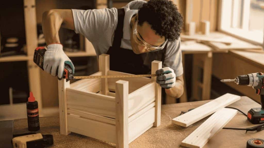 a person measuring and assembling a wooden flower box in a workshop, using a tape measure and cordless drill, the workspace is tidy, with wood glue and tools visible on the work surface