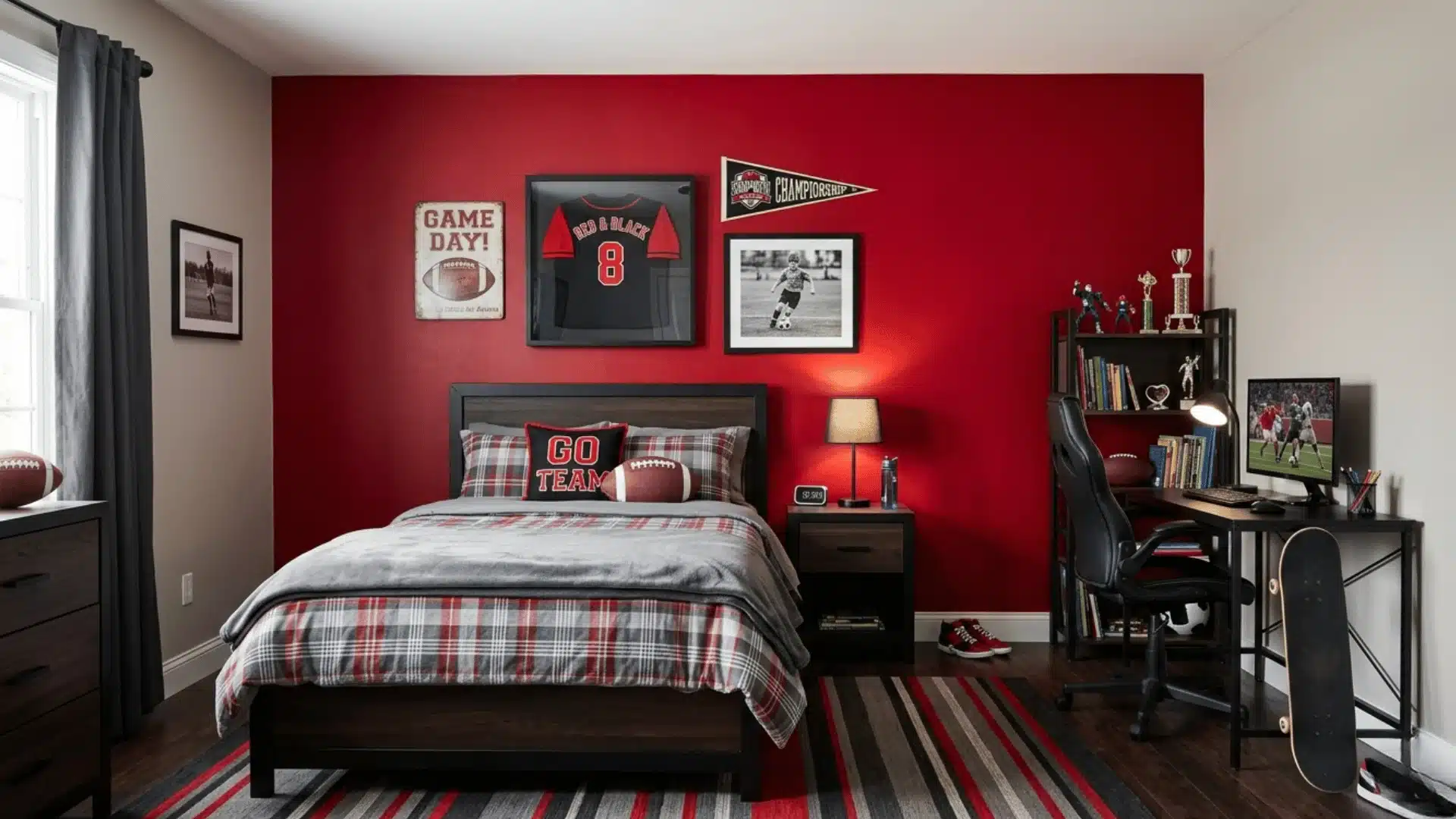 a picture of a proper boys room in dark red color and white walls giving sports looks