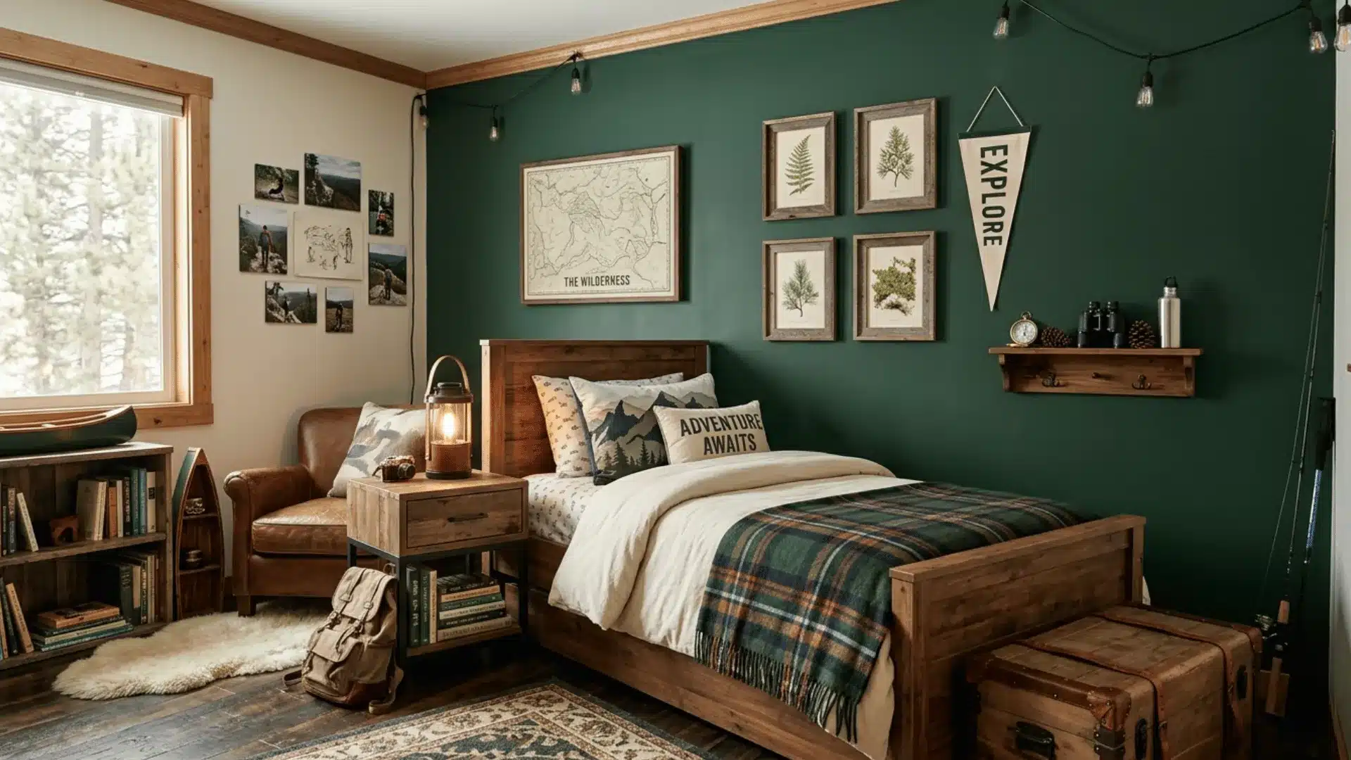 a picture of a proper boys room in green color with number of picture of plants on it
