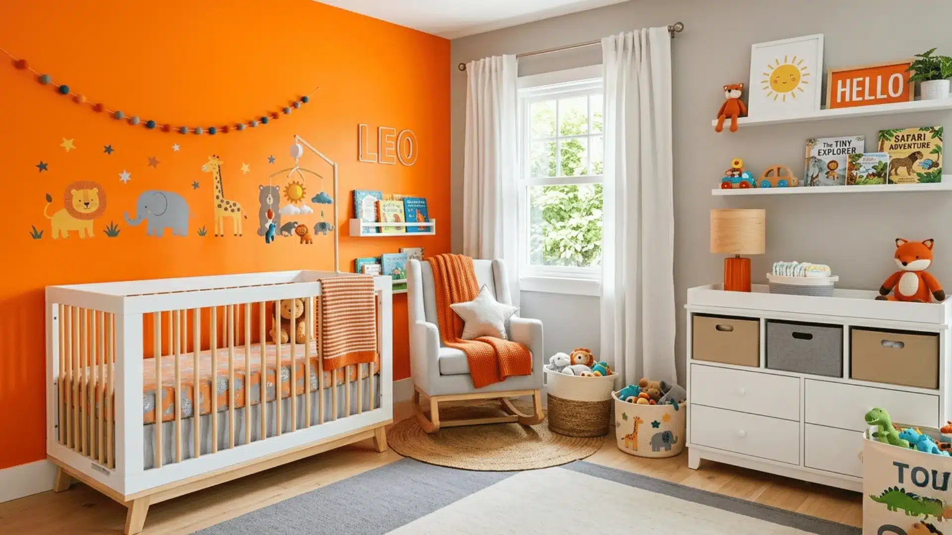 a picture of a proper boys room in orange color with number of soft toy in the picture