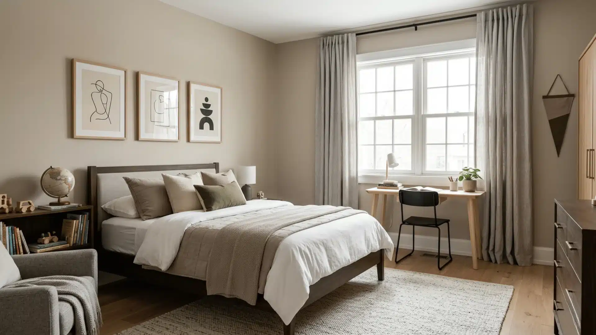 a picture of soft clean classy bedroom with a big window with curtans and study table
