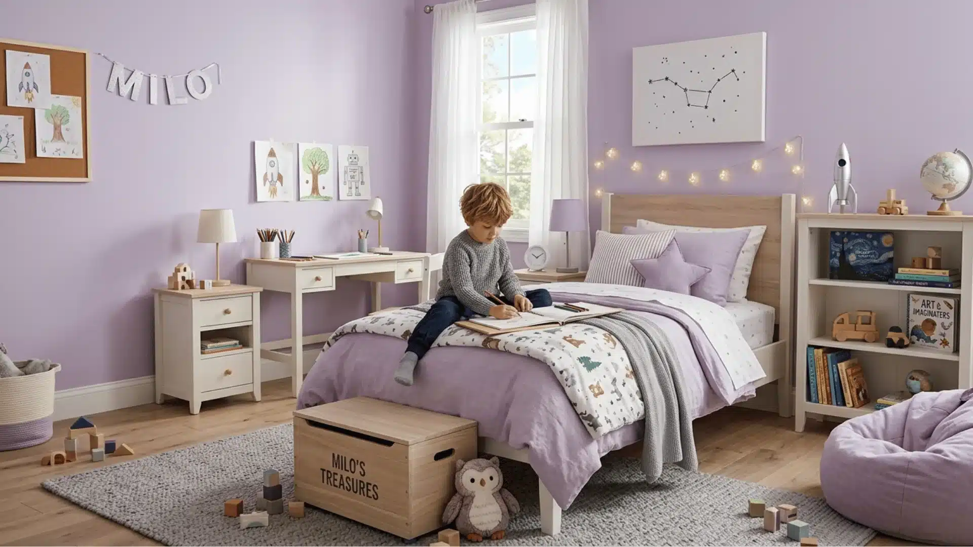 a picture ofsoft lavender for a gentle, unique touch bedroom for kids with a kid in the picture