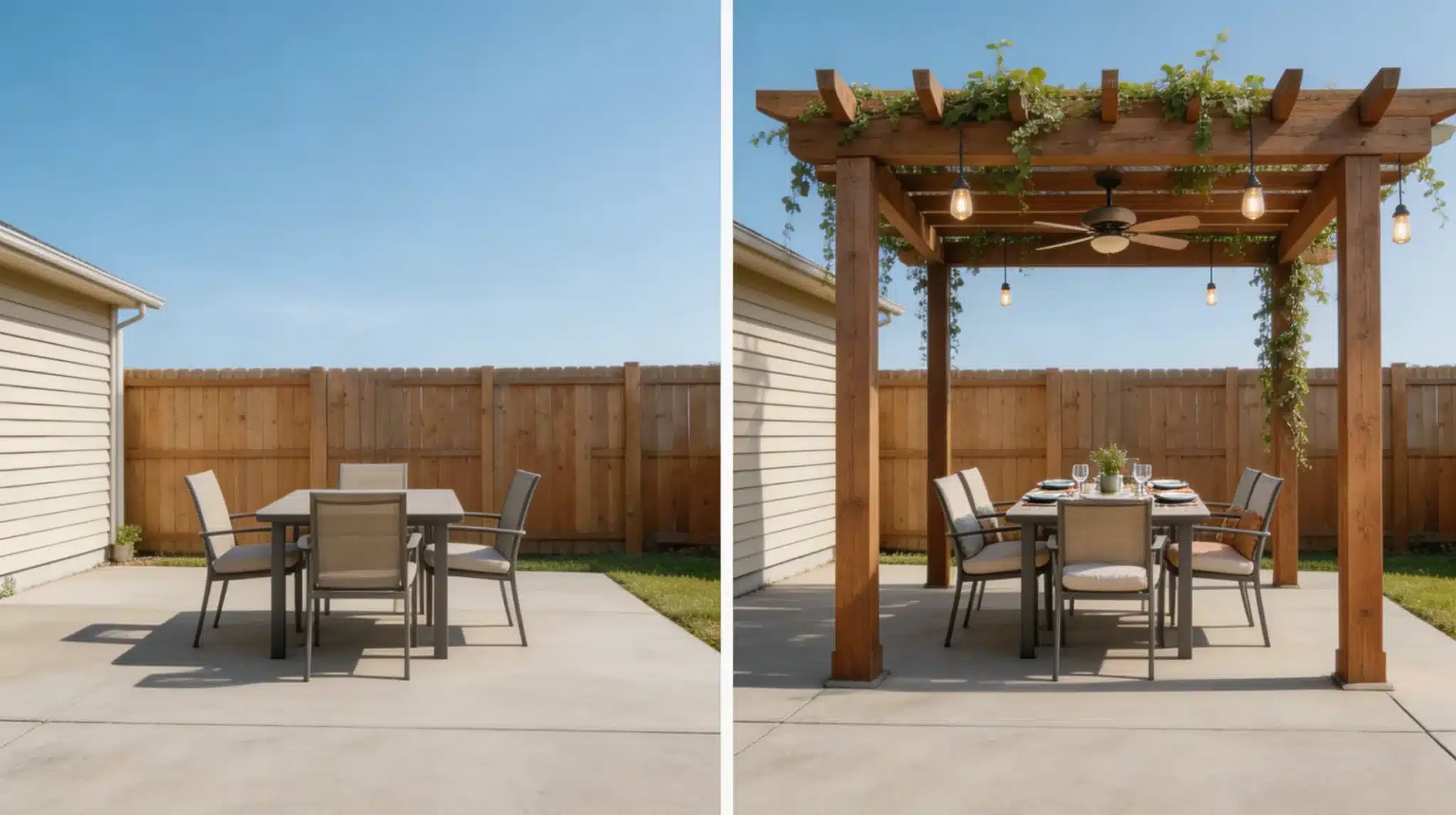 a plain concrete patio dining set upgraded with a wood pergola, climbing vines, ceiling fan, and hanging pendant lights