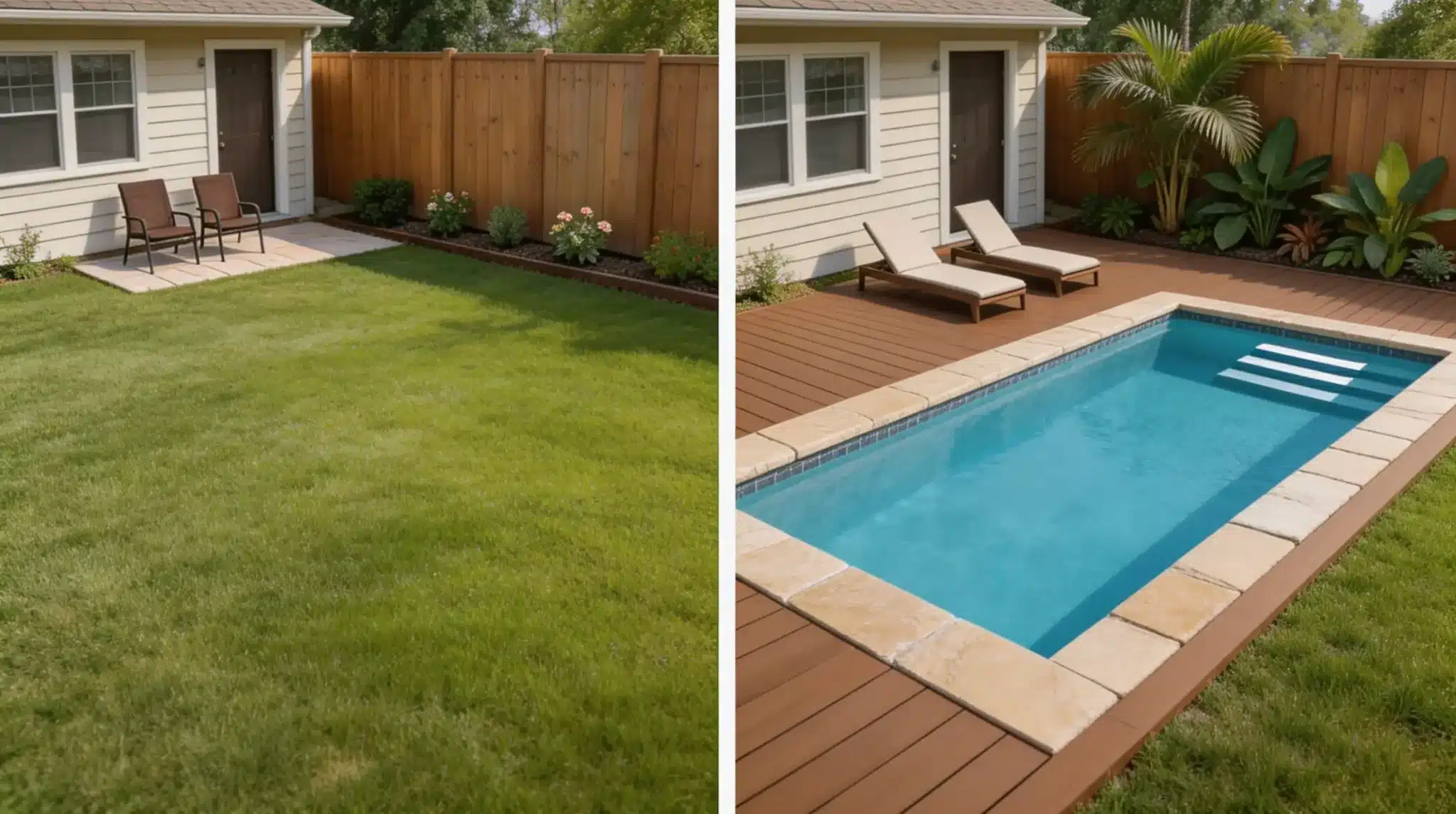 a plain grass backyard converted into an in-ground pool with wood composite decking, stone coping, and lounge chairs
