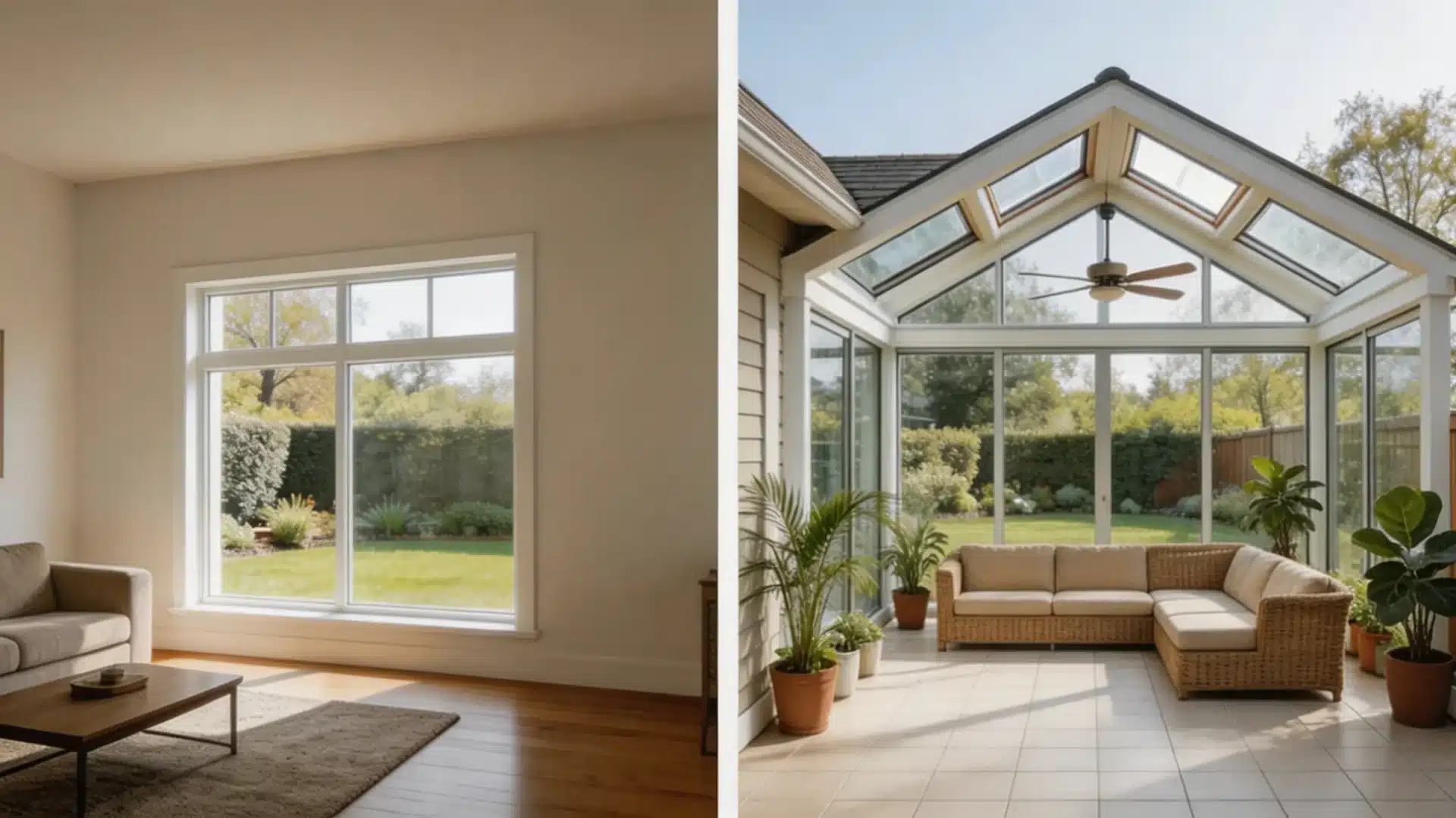 a plain living room wall converted into a bright glass sunroom with vaulted ceiling, wicker furniture, and indoor plants