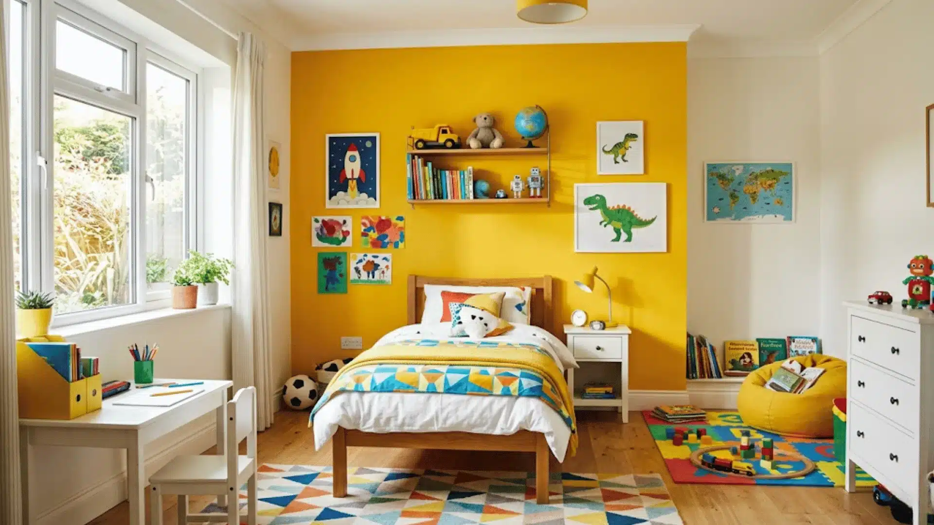 a proper kids rooms in yellow and white color with a bed and side table
