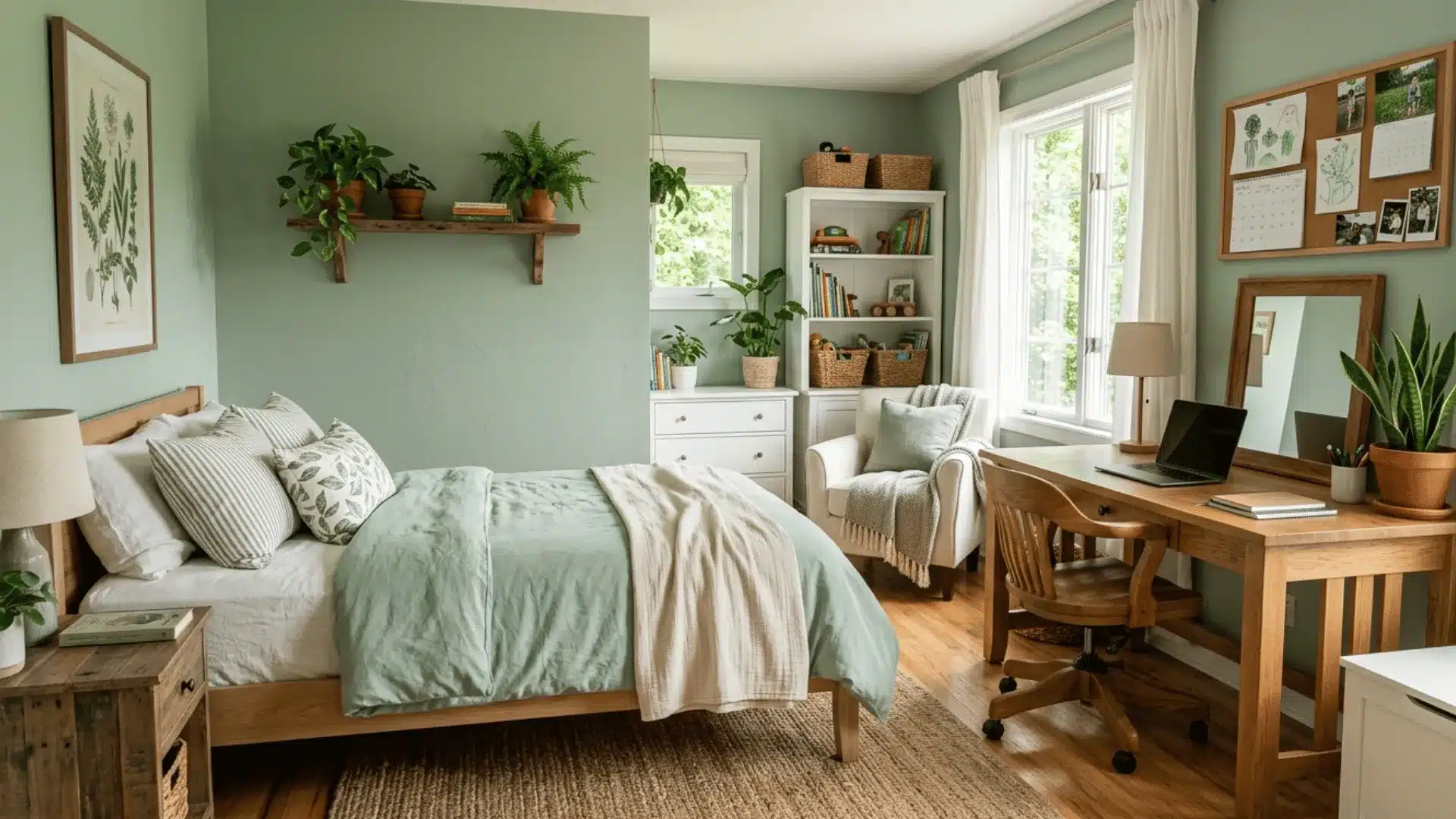 a quality picture of a bed room with green wall color, with nu,ber of cute stuff study table