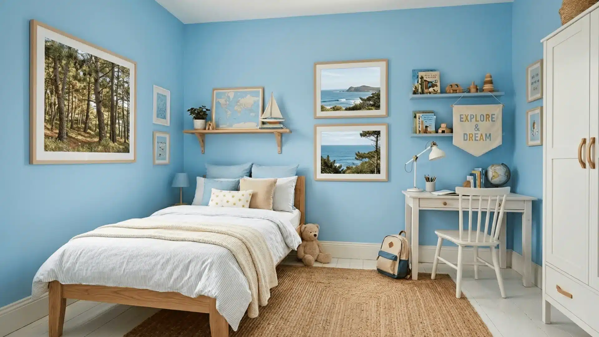 a quality picture of a bedroom with blue color wall, with number of cute painting study table