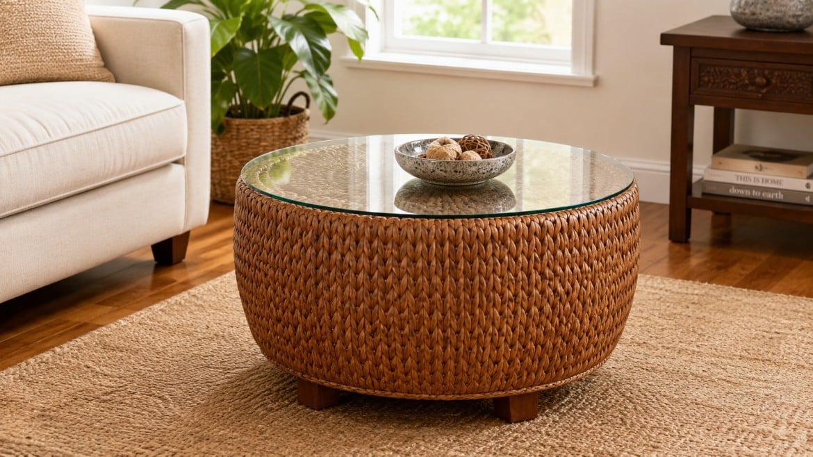 A rattan and wicker coffee table with a glass top, adorned with a decorative bowl