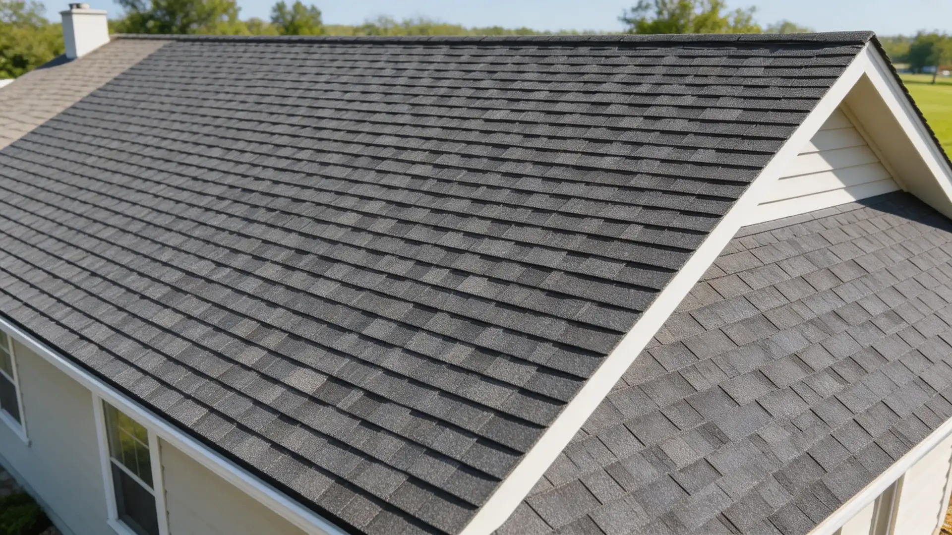 a residential home with freshly installed charcoal gray architectural asphalt shingles on a gable roof in daylight