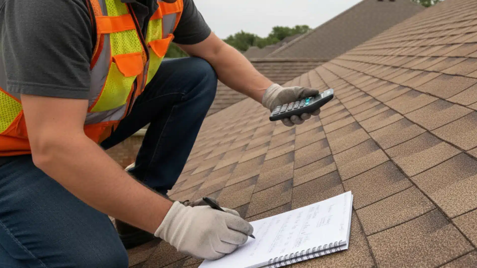 a roofer in safety gear kneels on a shingled roof writing in a notebook while holding a calculator