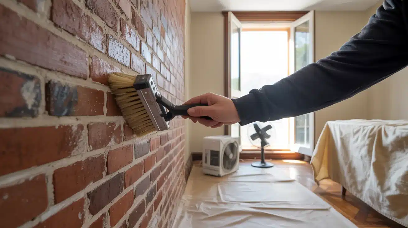 a room with covered furniture and floor, a fan by an open window, and a person cleaning the brick wall for painting.