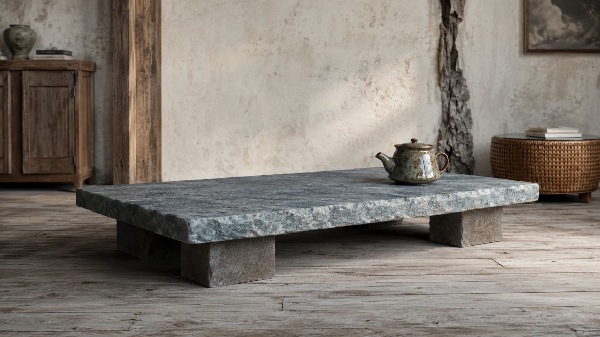A rustic room features a low, stone table with a weathered teapot on it