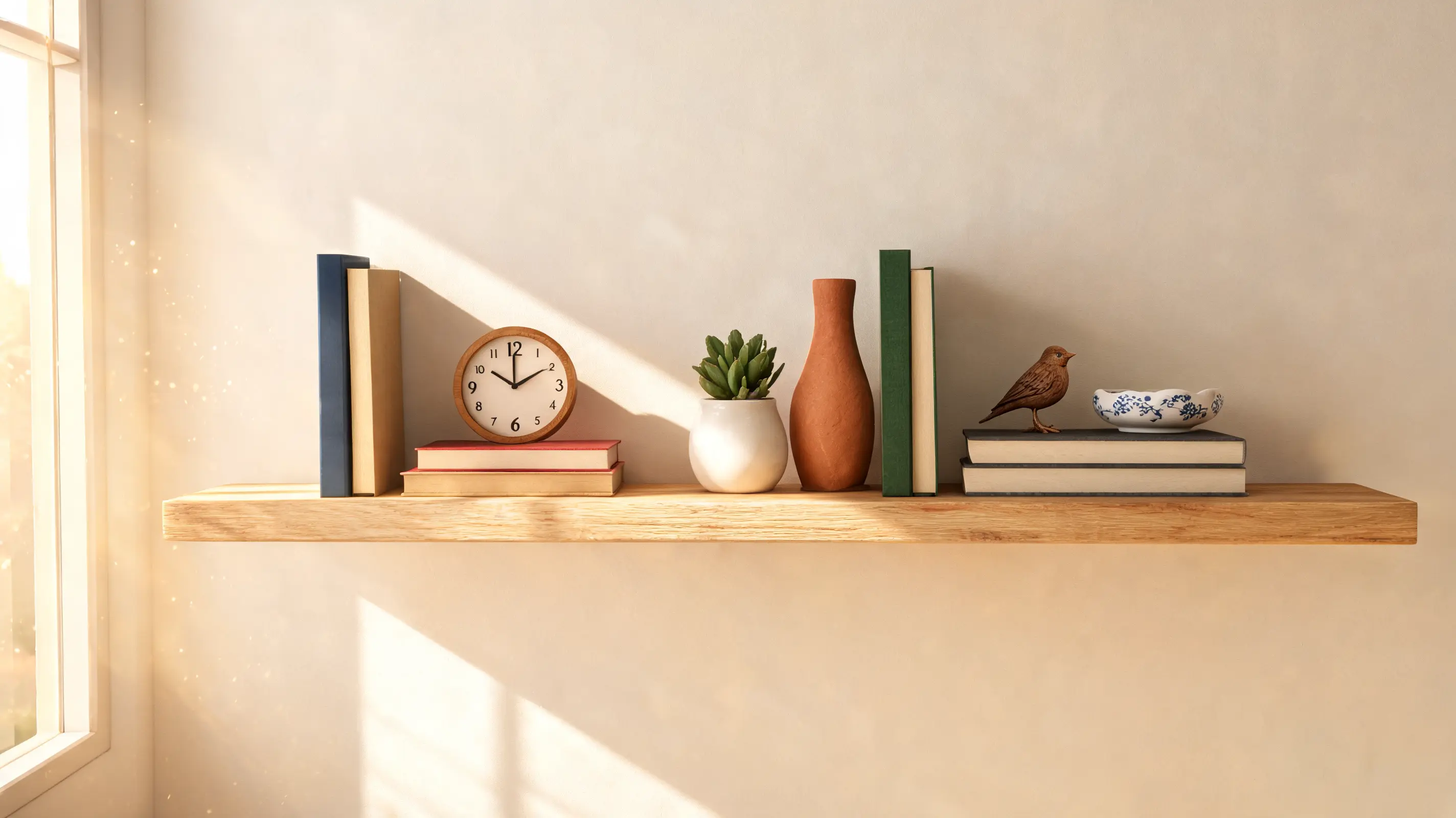 a shelf mixing books with small decor objects grouped in clusters for balanced styling
