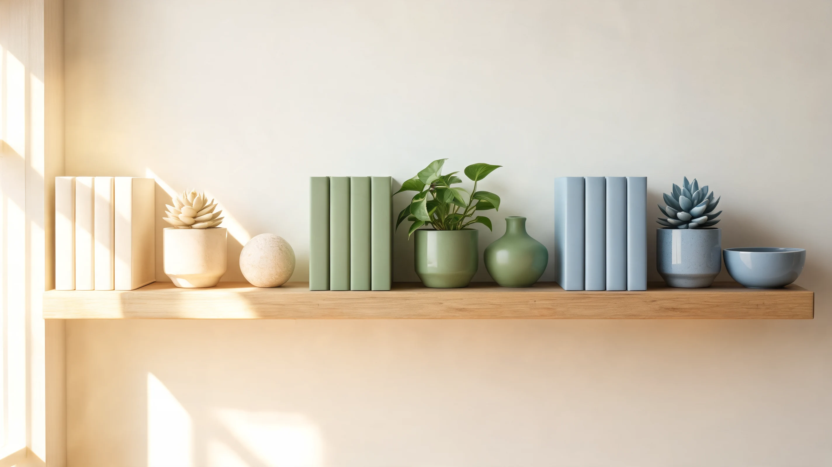 a shelf with books plants and decor grouped by three main colors in a harmonious palette
