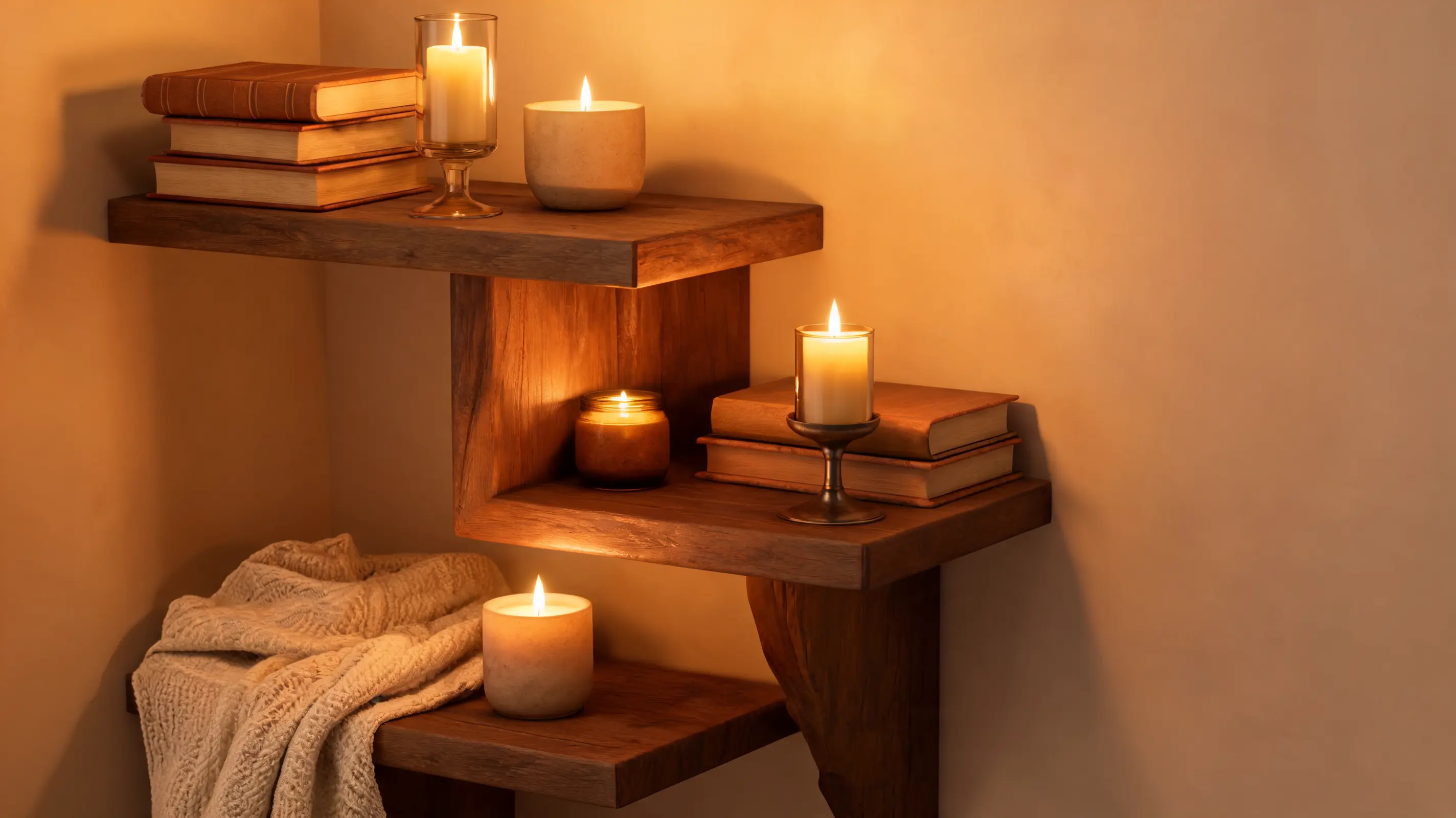 a shelf with candles of varying sizes next to books casting a soft warm glow
