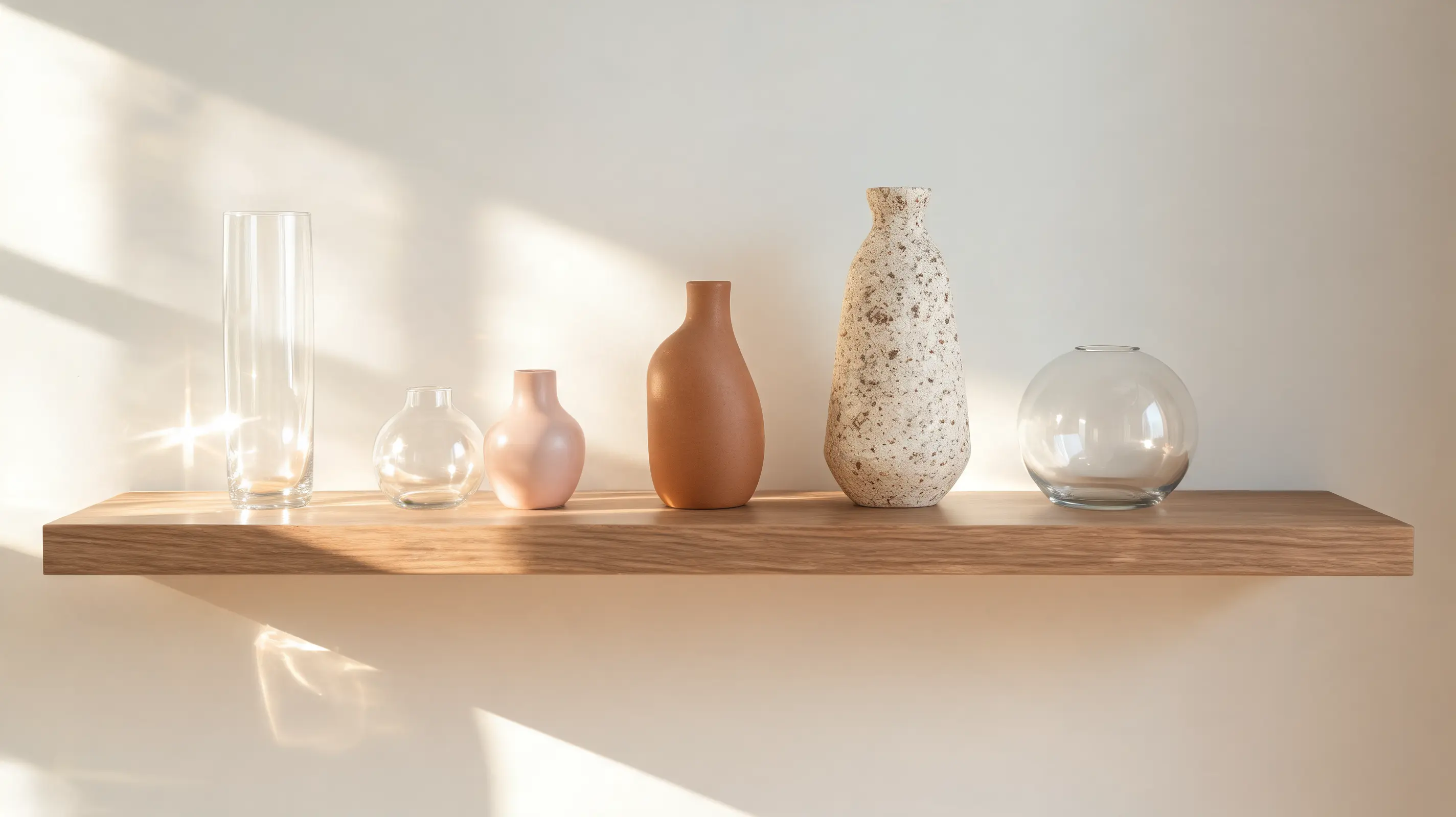 a shelf with decorative vases of different shapes heights and materials arranged elegantly