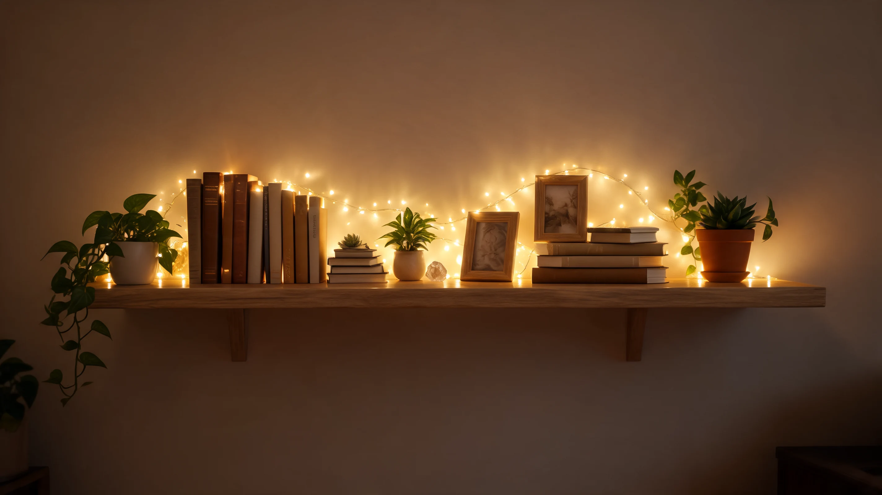 a shelf with fairy lights and led strips casting a warm ambient glow behind decor