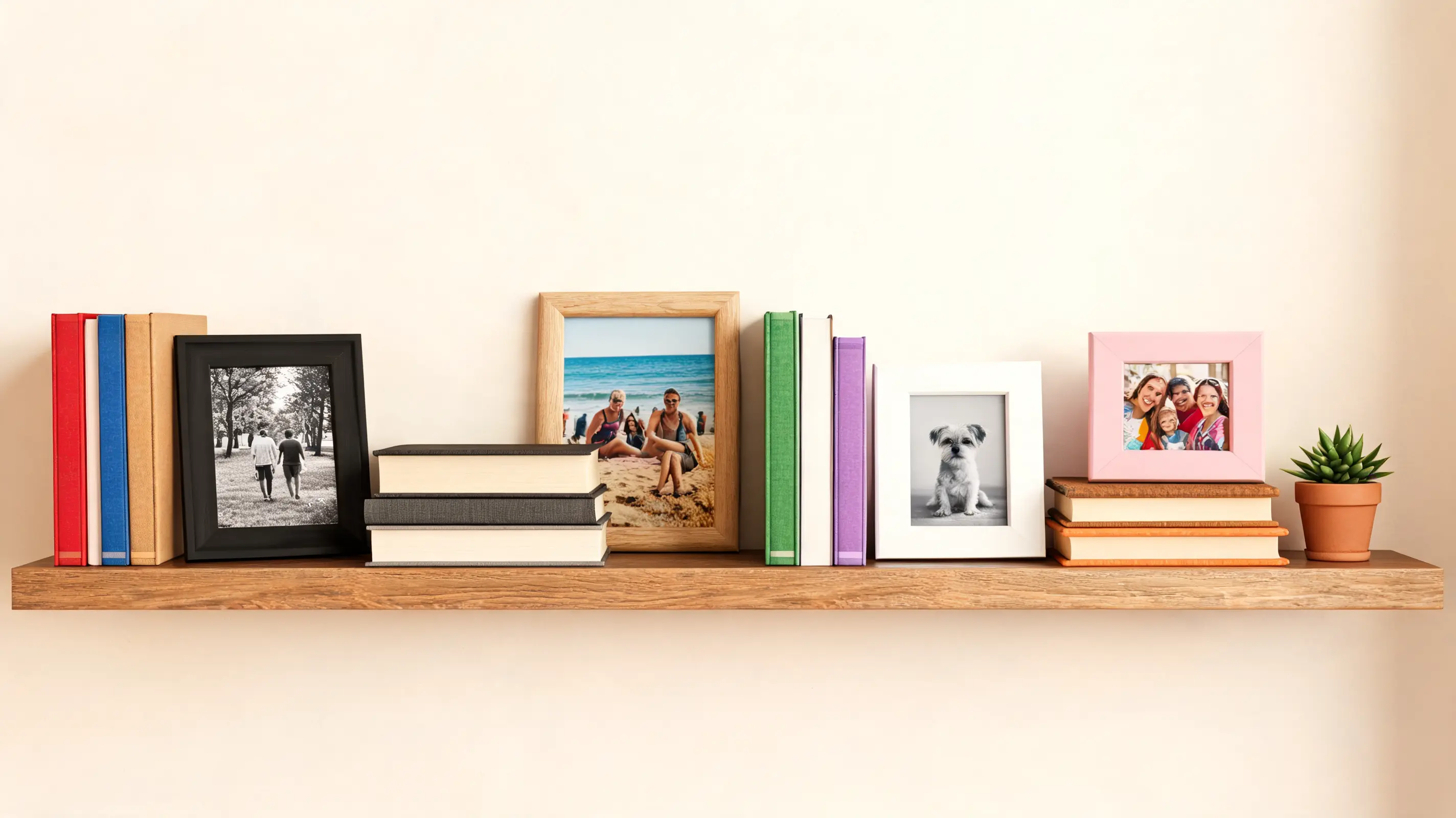 a shelf with photo frames and books arranged naturally showing colorful and black-and-white photos