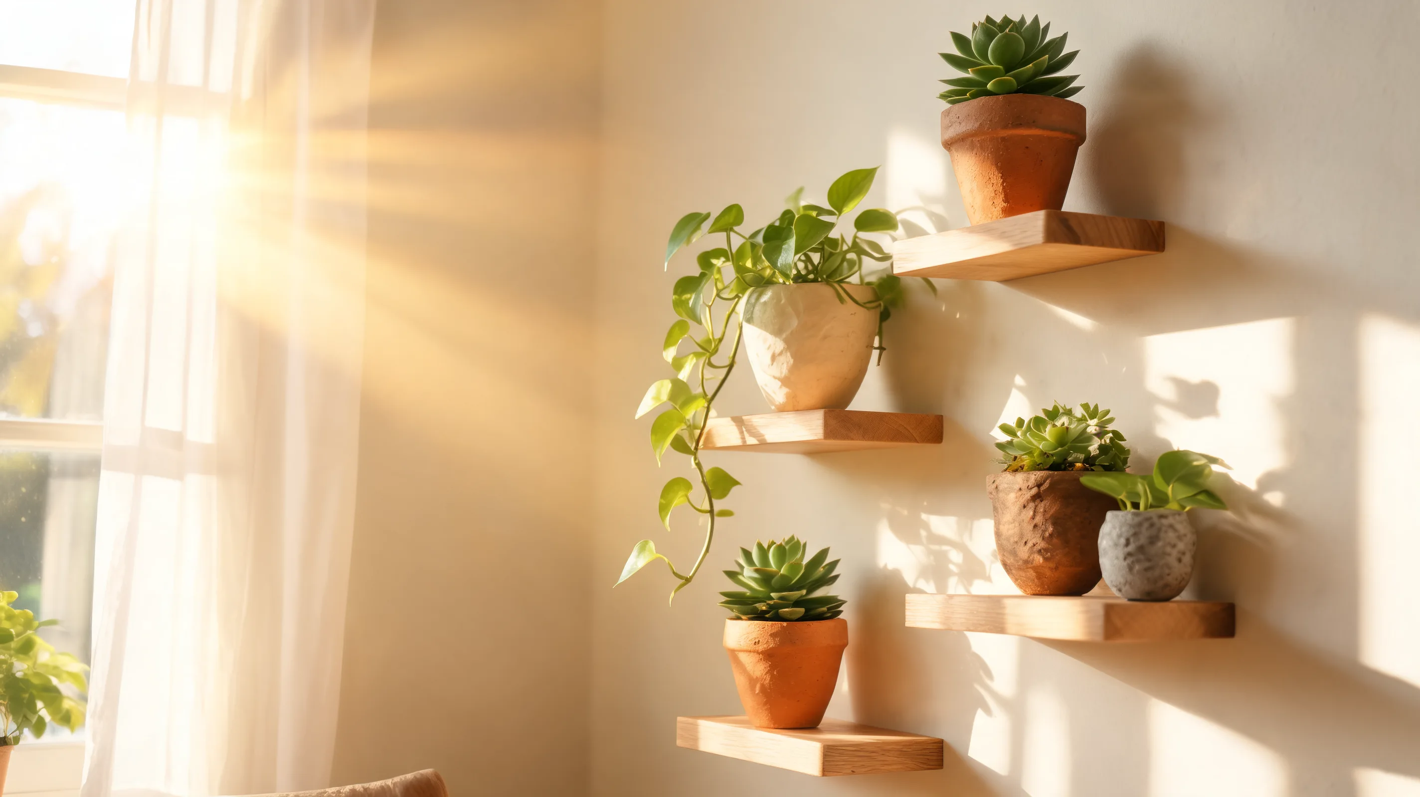 a shelf with small indoor plants in varied textured pots placed at different heights