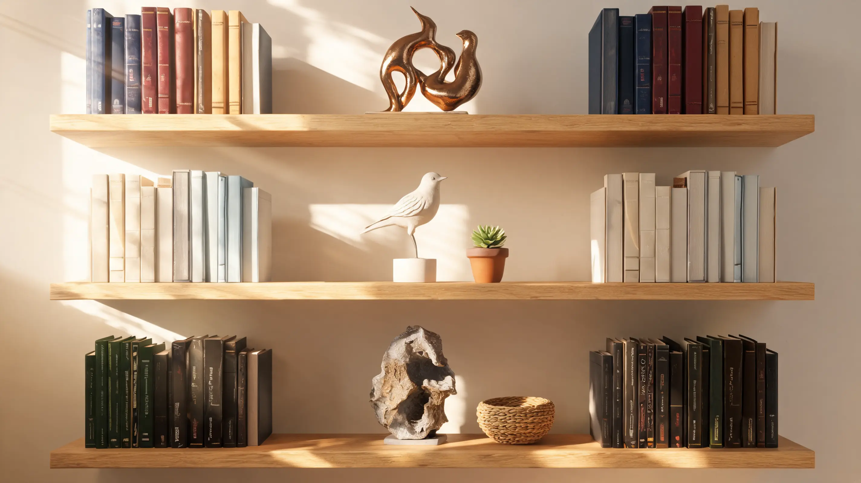 a shelf with small sculptures and art pieces placed among books creating visual interest (1)