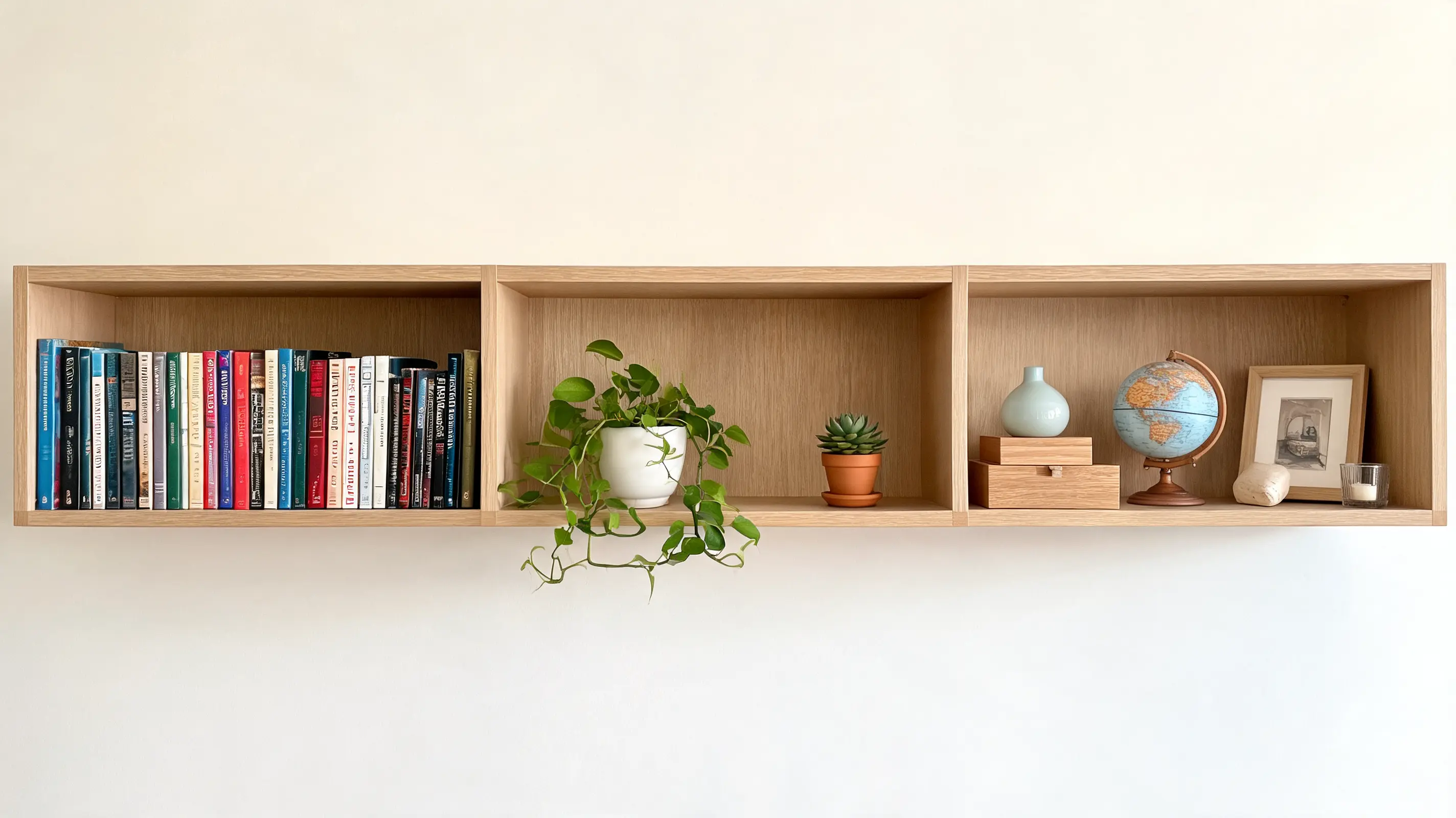 a shelf with themed sections of books plants and decor alternating dense and minimal layouts