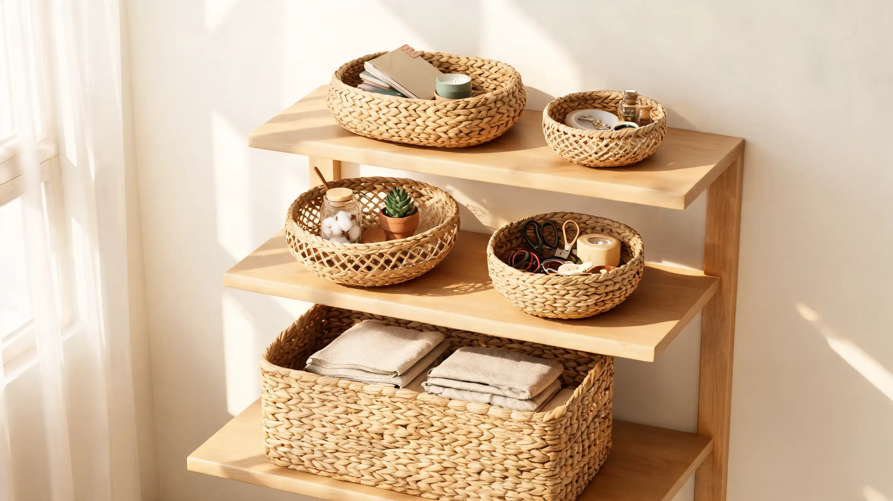 a shelf with woven baskets storing items neatly showing different textures and sizes