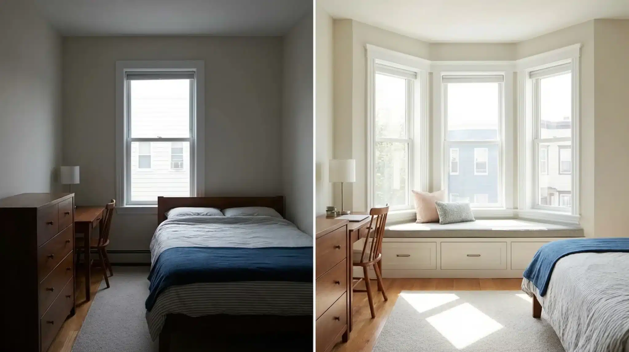 a simple bedroom transformed with a bay window, built-in storage, and soft furnishings, enhancing function and comfort