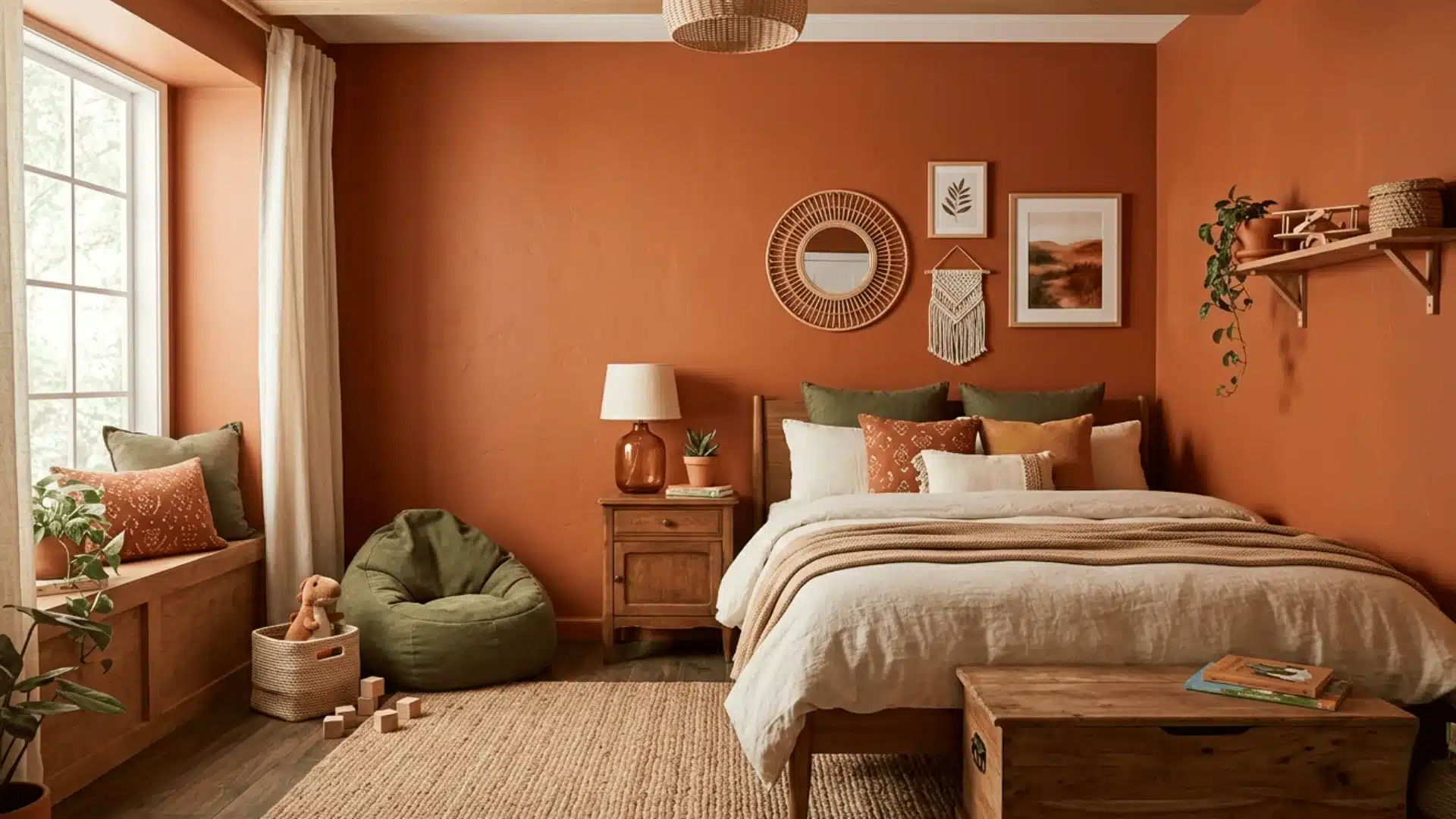 a simple yet classy picture of a bedroom in earthy worm look
