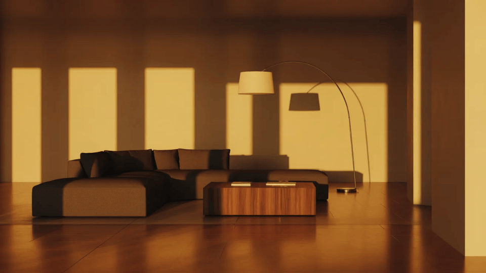a single floor lamp casting warm light in an otherwise empty corner of a minimal living room