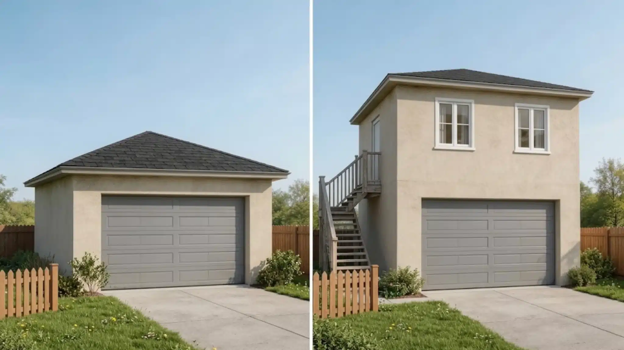 a single story detached garage converted into a two story structure with an added upper living space and a staircase