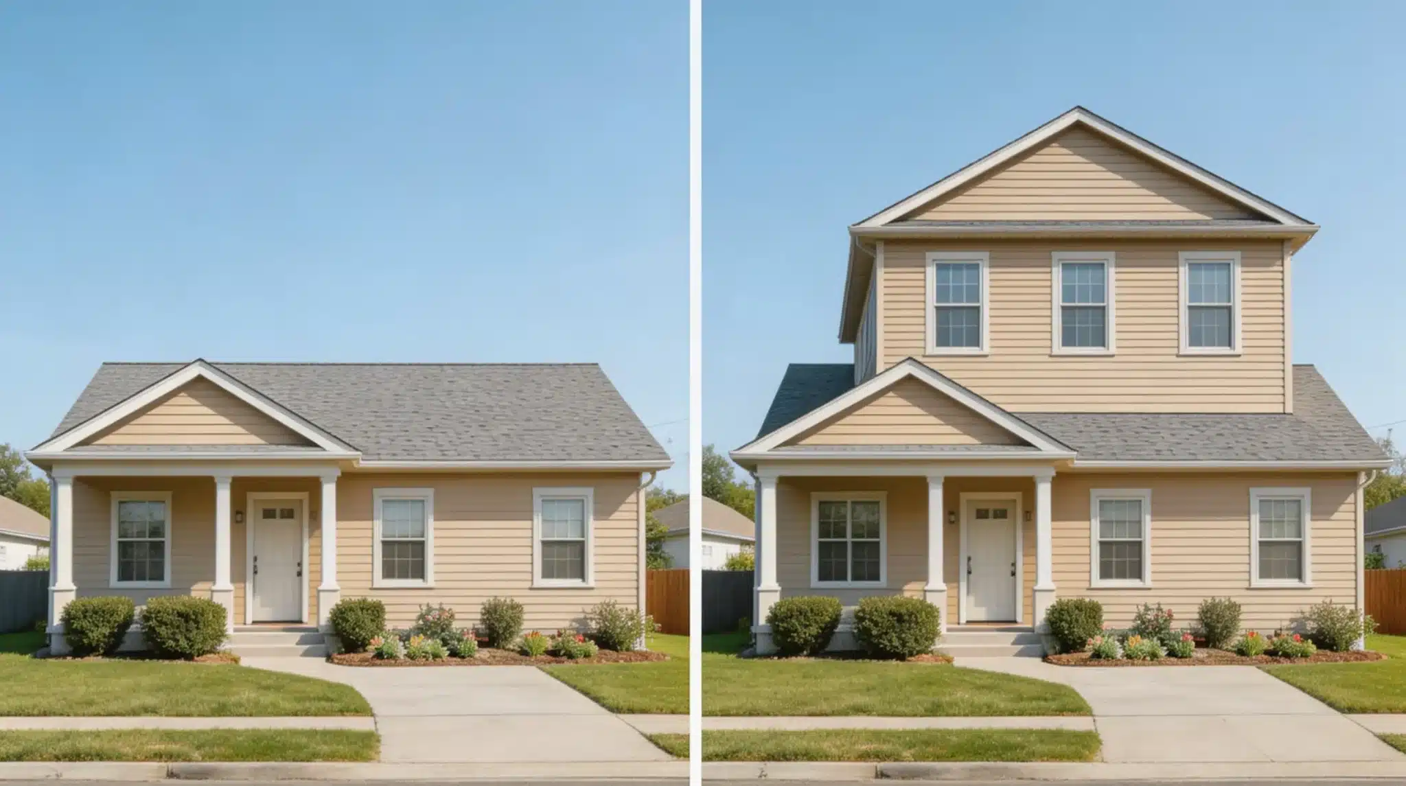 a single story house expanded with a second floor addition, maintaining the same siding, roofline style, and landscaping