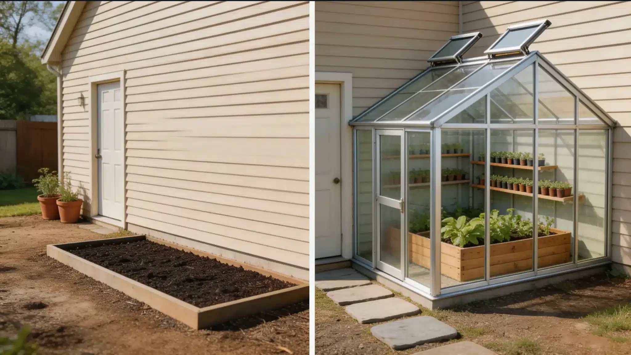 a soil garden bed beside a house converted into a compact glass greenhouse with shelving, planters, and roof vents