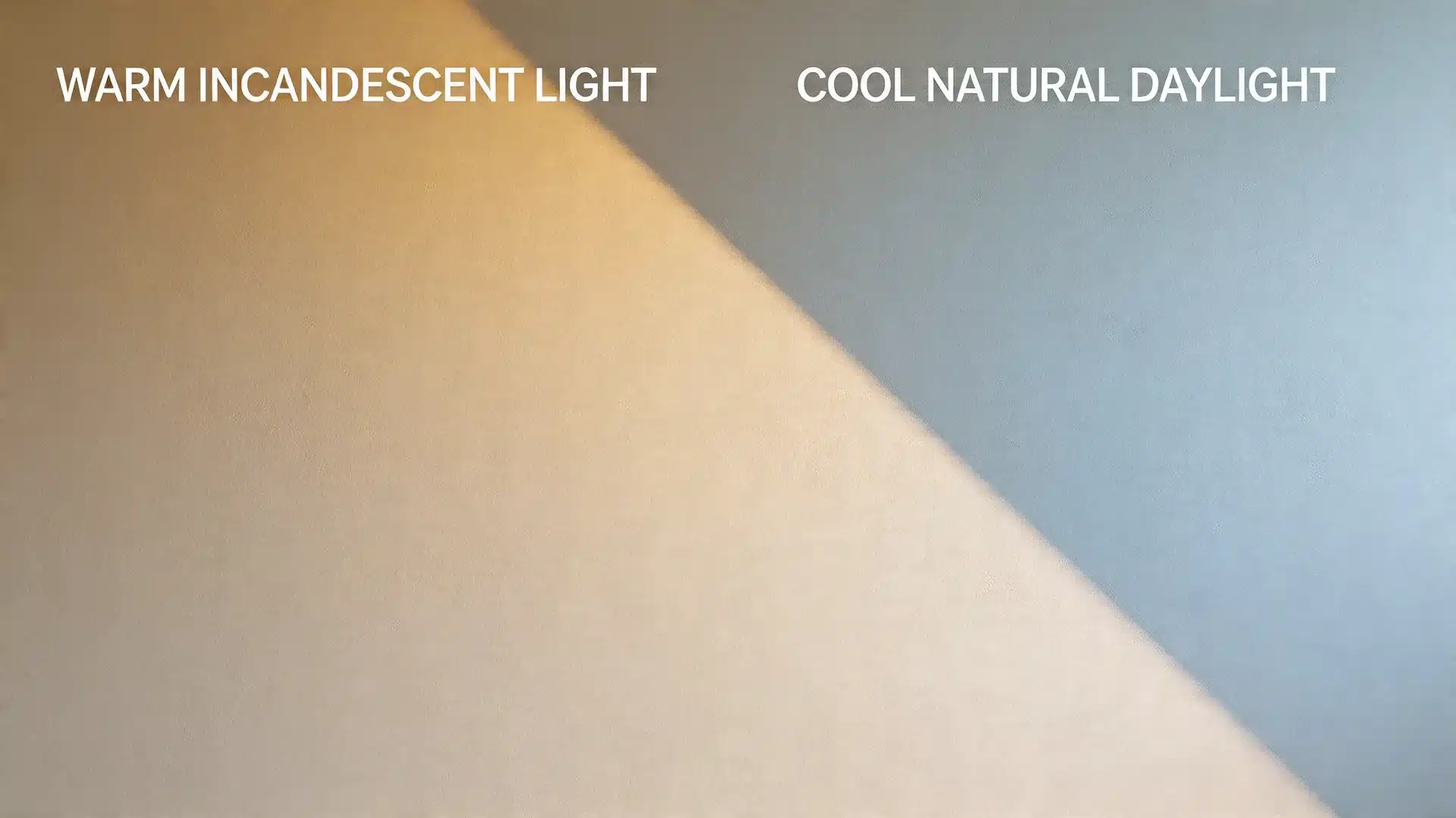 A split wall comparison showing how the same paint color appears warm and golden under incandescent light versus cool and blue-grey in natural daylight.