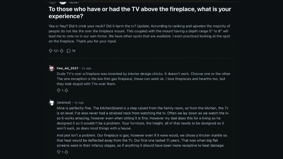 a tv over a fireplace discussion where netizens talk about the pros and cons they had to go through for their decision