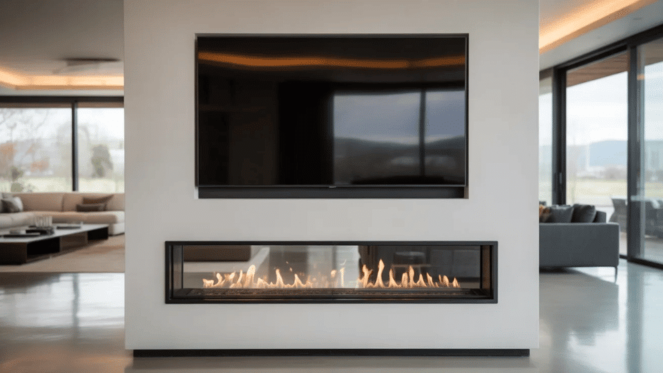 a tv over a fireplace in a modern living room parts of the room clear in a sleek architectural room