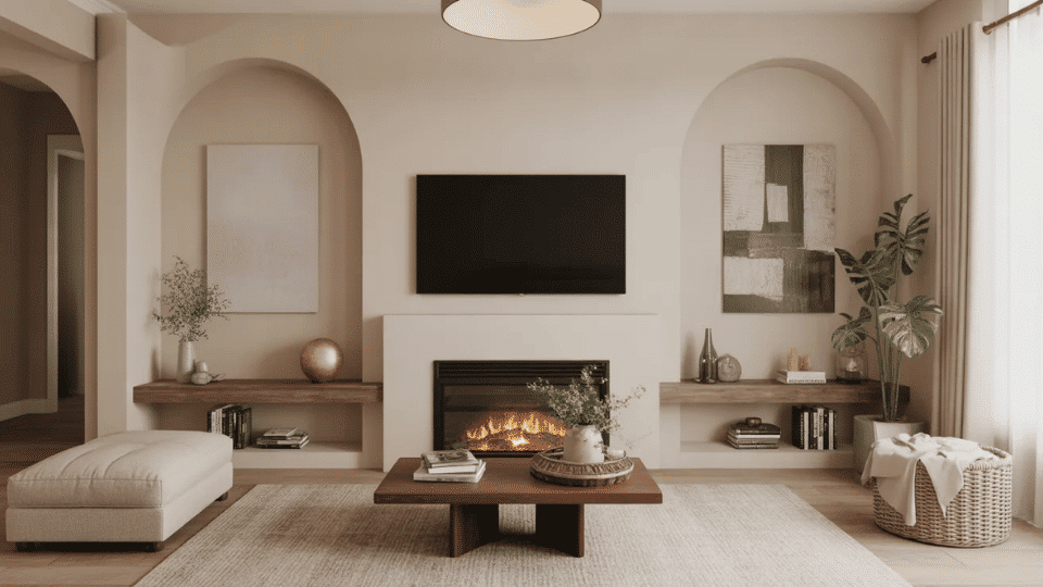a tv over a fireplace in a modern living room where the mantle was decided low to keep the viewer's neck in mind