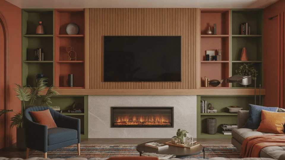 a tv over a fireplace in a modern living room where the tv is in a built in space in the wall above to prevent it from heat damage
