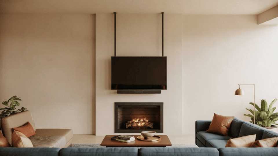 a tv over a fireplace in a modern living room where the tv is on a mount rod, which can be pulled down at the time of use to keep it functioning and prevent damage