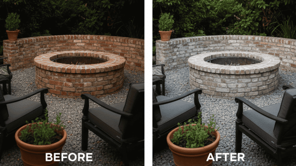 A weathered brick fire pit is revitalized with limewash, turning it from orange-red to a soft, earthy gray for a cozy, inviting look