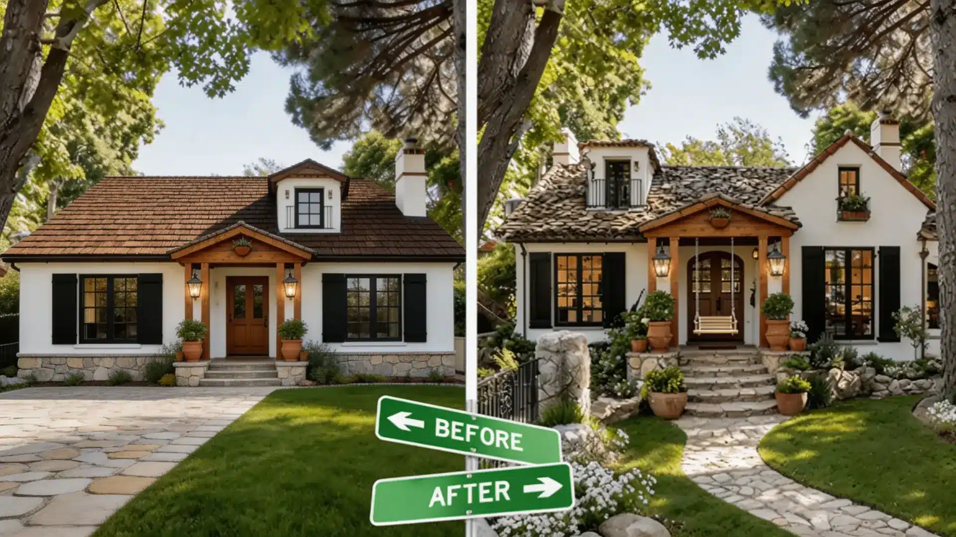 a white cottage home exterior renovation showing improved landscaping, wider porch, swing, and upgraded stone pathway