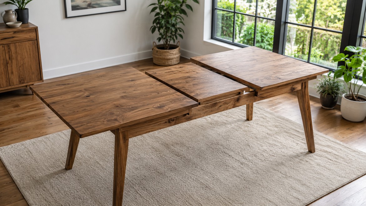 A wooden dining table with an extendable middle section, set in a bright room with large windows