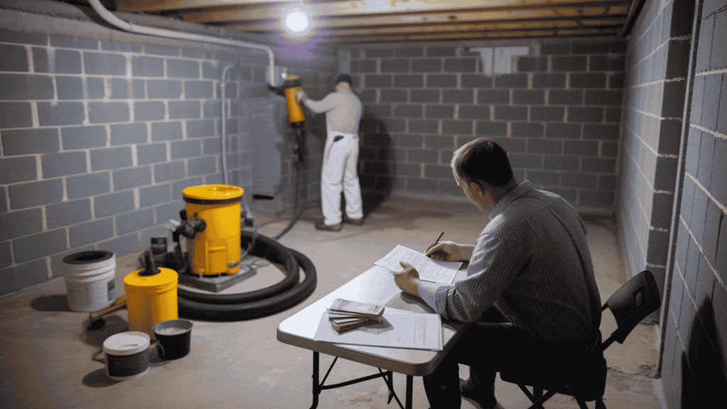 a worker applies waterproofing to the basement walls while another reviews cost estimates at a table, surrounded by tools and materials
