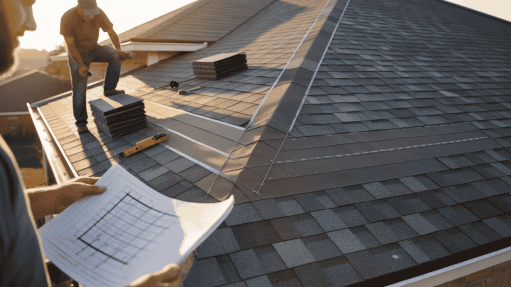 a worker on a shingled roof installs new grey tiles near a blue tarp and stacks of extra materials