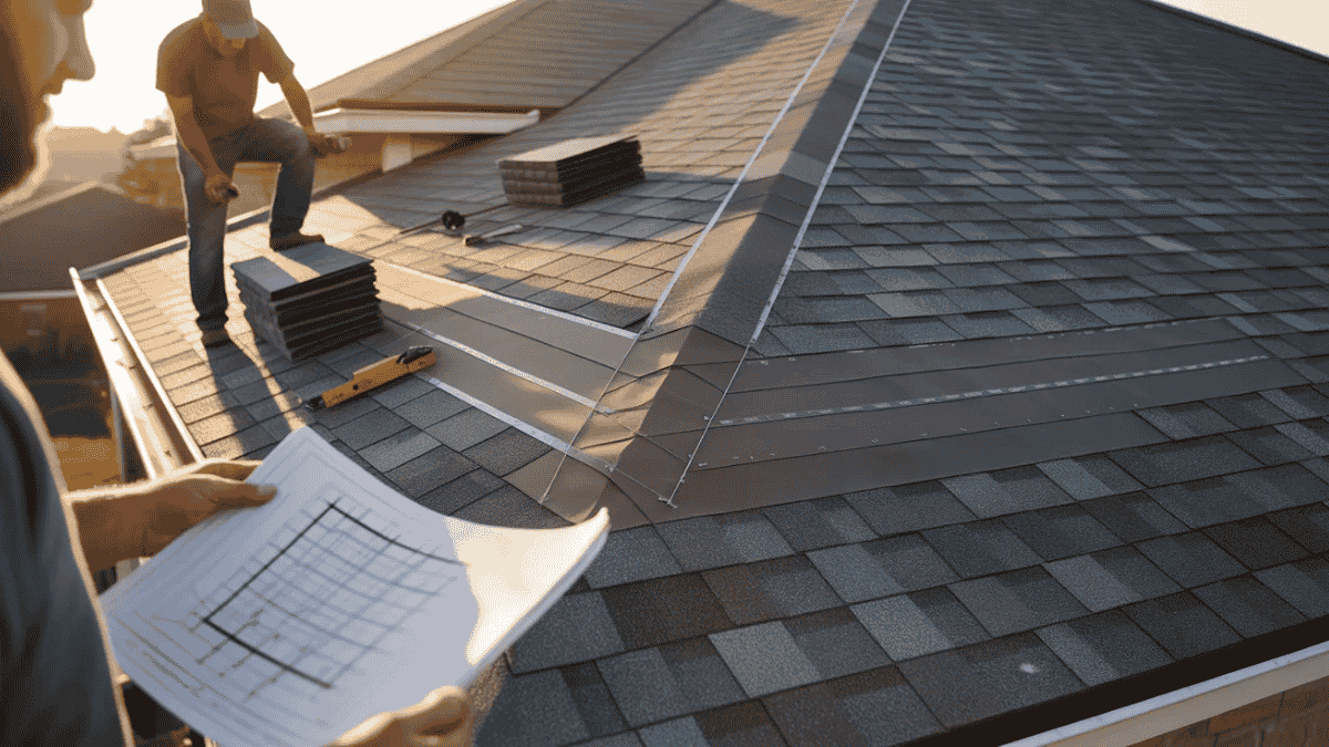 a worker on a shingled roof installs new grey tiles near a blue tarp and stacks of extra materials
