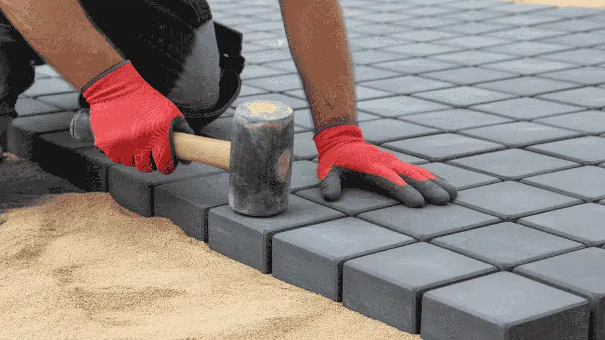 a worker wearing red gloves uses a rubber mallet to level dark grey paving stones on a bed of sand