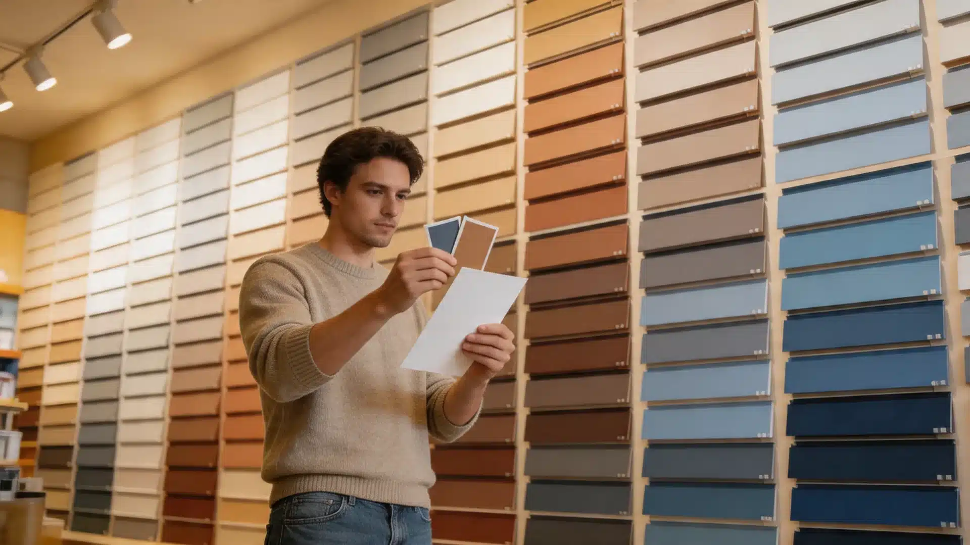 a young man comparing paint color swatches in front of a large wall display of neutral and blue paint samples