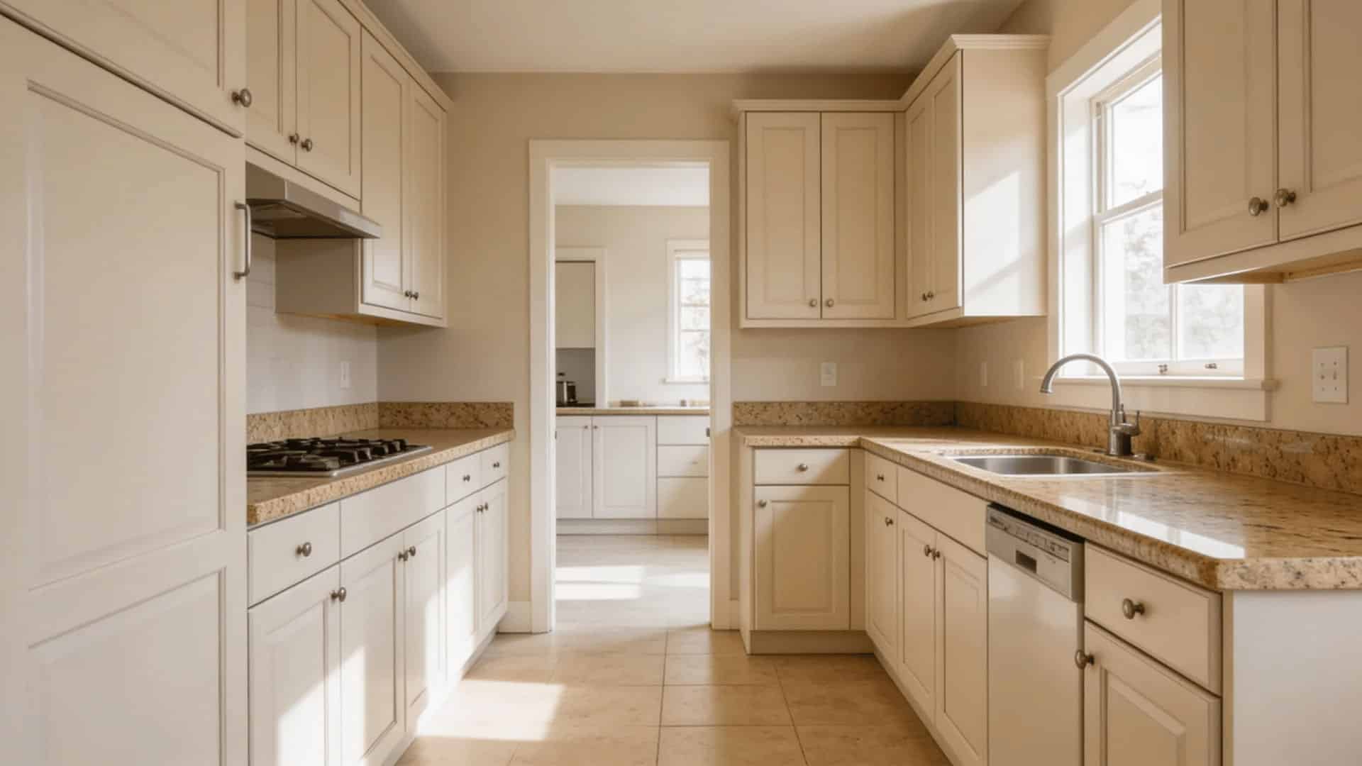 accessible beige sw 7036 kitchen cabinets complementing sandy brown granite in an open-concept kitchen