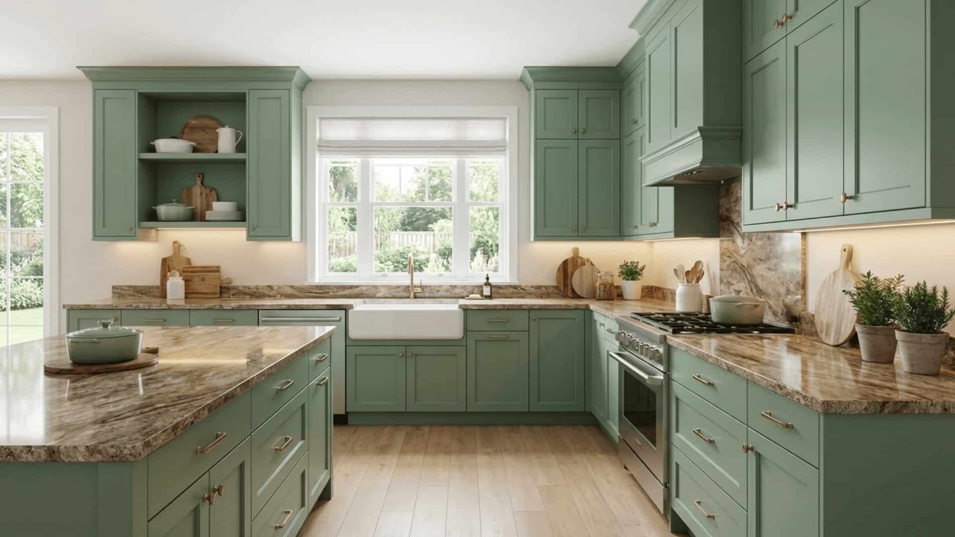 aganthus green bm hc-128 cabinet color with neutral brown granite countertops in a transitional kitchen